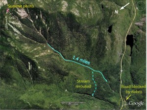 The course of the debris flow along Roaring Brook.  